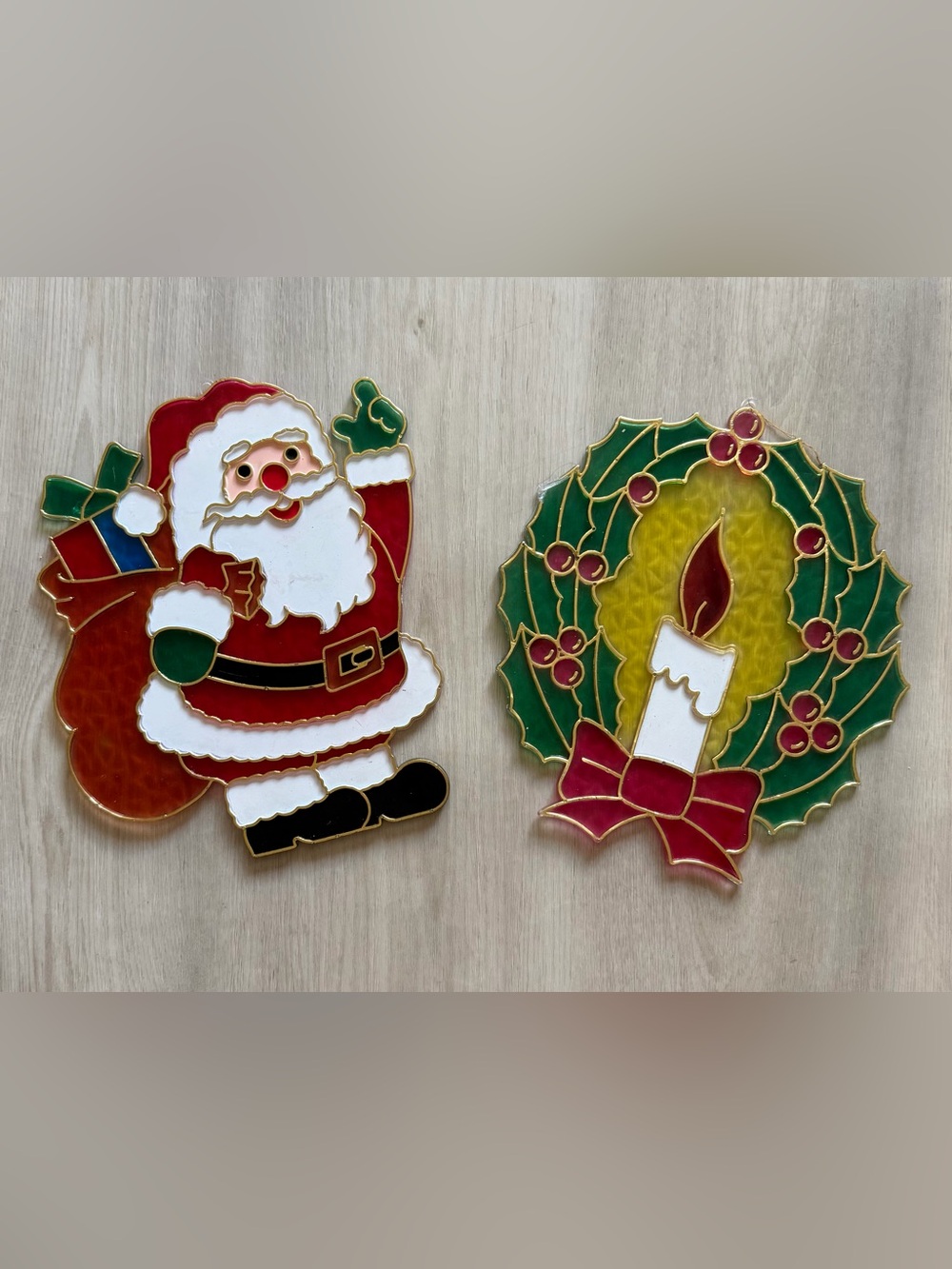 2 Vintage Christmas Suncatcher Faux Stained Glass Santa Claus Window Hanging